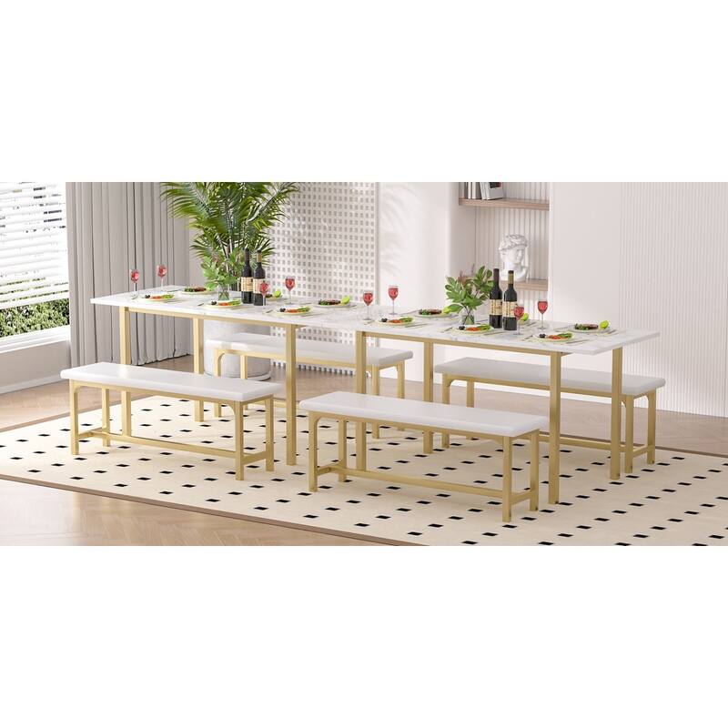 VECELO 3-Piece Dining Table Set with 2 Benches, 63" Extendable Kitchen Table & Chairs Set for 4-8, Dining Room Table