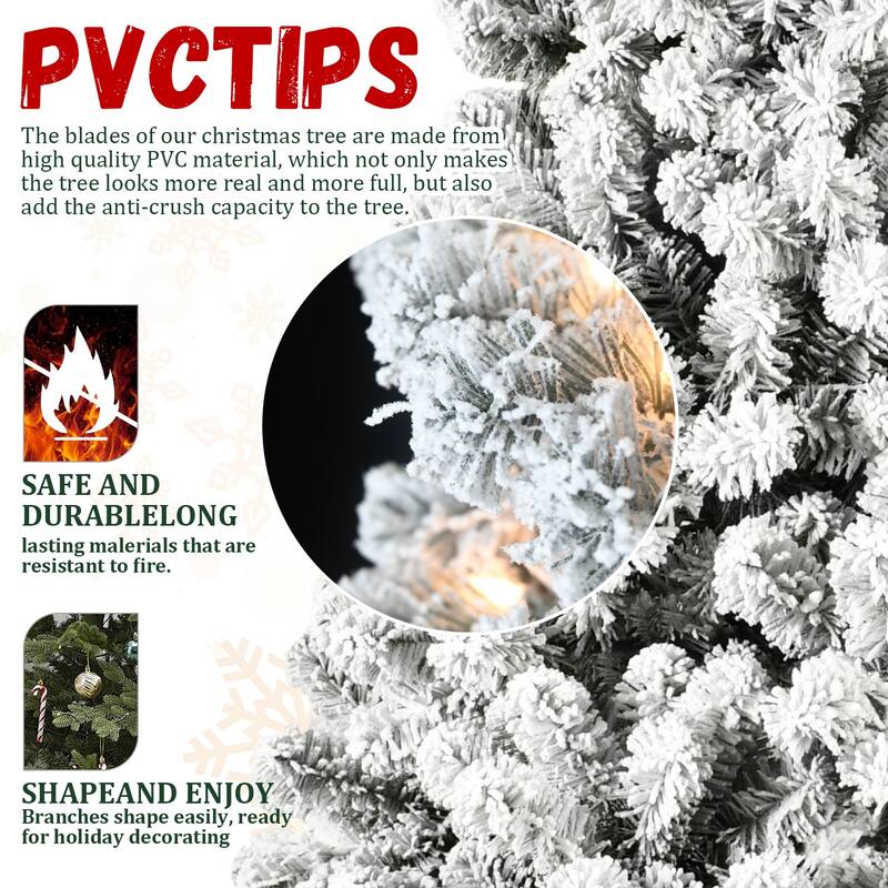 6ft Flocked Pre-Lit Christmas Tree with 300 UL Warm White Lights,779 PVC Tips,Auto-Unfold Memory Wire, Easy Assembly