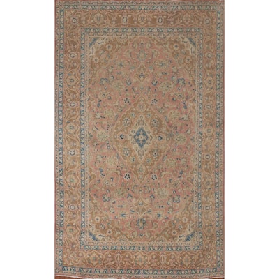 Traditional Mashad Persian Vintage Area Rug Hand-knotted Wool Carpet - 6'4" x 9'1"