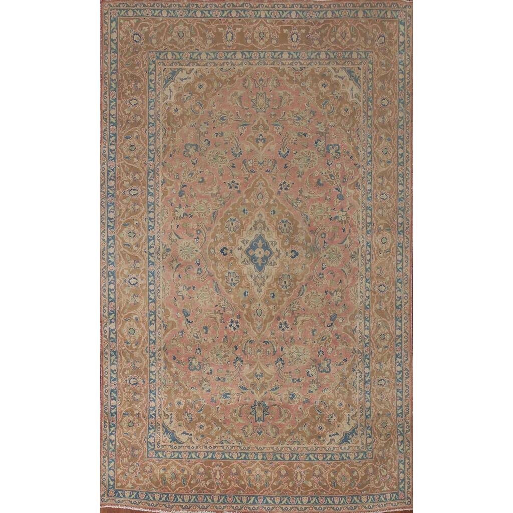 Traditional Mashad Persian Vintage Area Rug Hand-knotted Wool Carpet - 6'4" x 9'1"