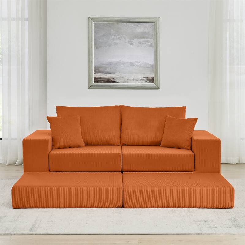 Folding Deep Seat Couch Modular L-shaped Sectional Sofa Corduroy Upholstered Sleeper Sofa Bed with Throw Pillows
