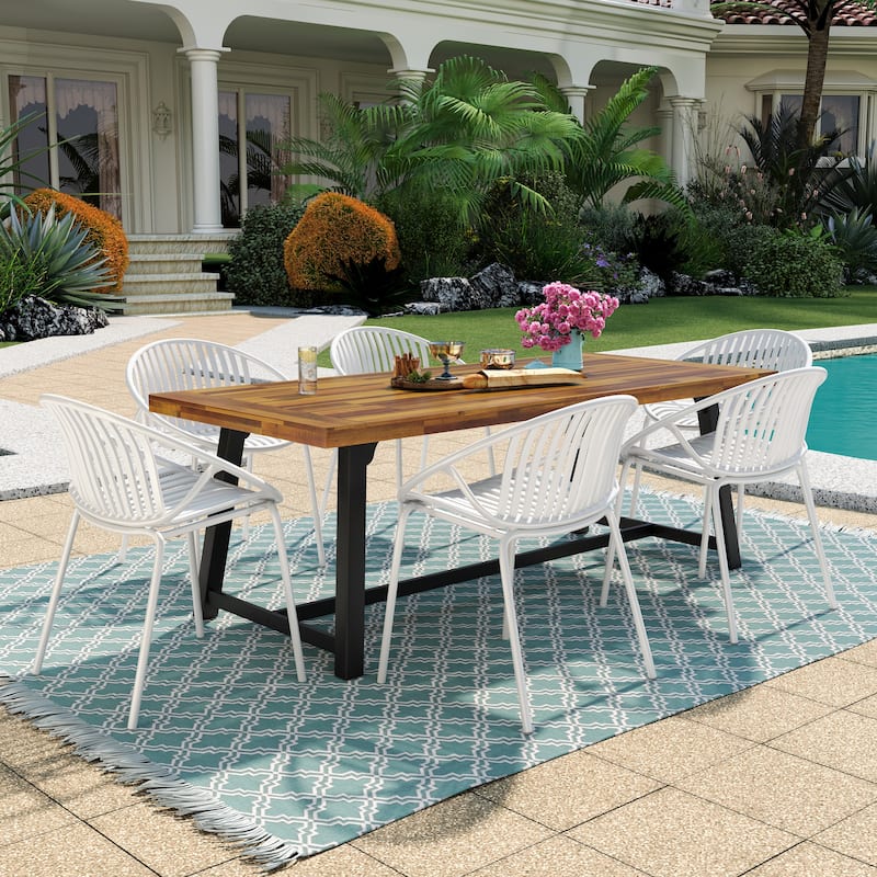Christopher Knight Home - Emma Outdoor Wood and Resin 7 Piece Dining Set - White+Black+Teak
