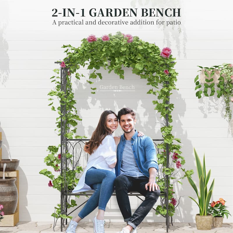 Outsunny Metal Trellis Arbor Arch for Climbing Plants with Garden Bench