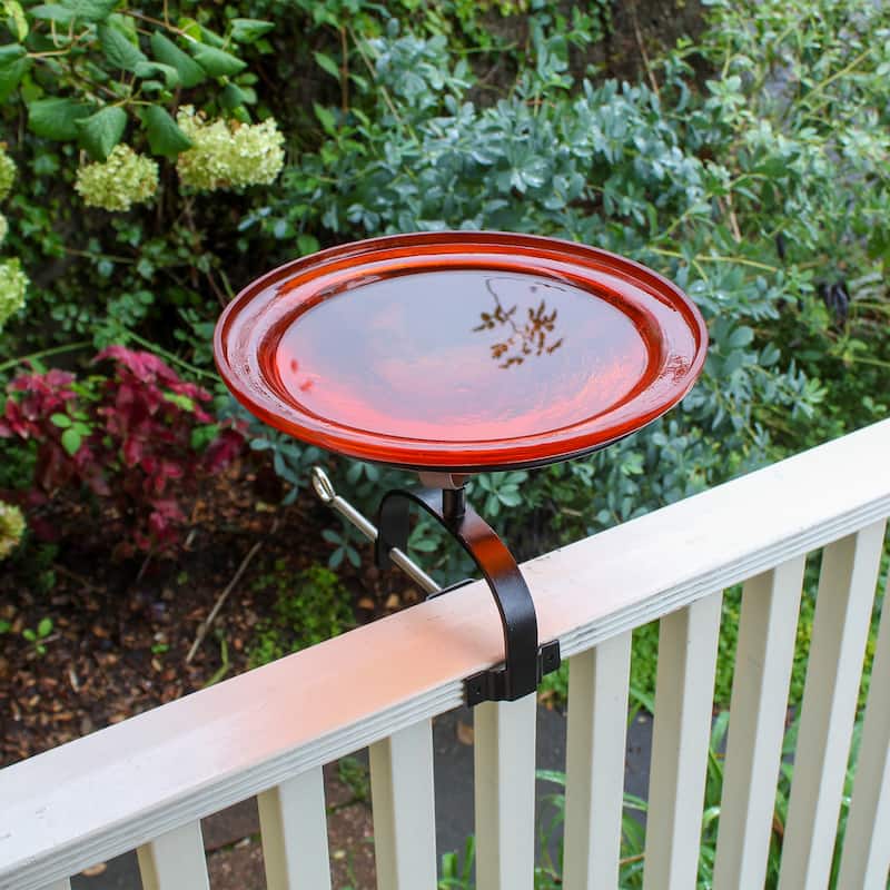 Achla Designs 12.5"Dia. Round Crackle Glass Birdbath w/Black Wrought Iron Over Rail Bracket