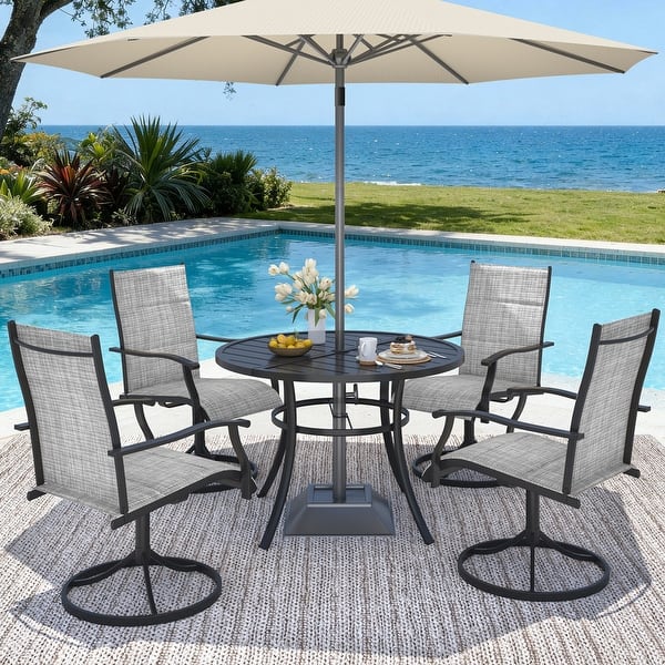 aluminum patio chairs and table umbrella Oasbira Outdoor Dining Set, Set, 7 Piece HDPS + Patio Furniture Set with Hole, Patio Dining Table Set (Gray) : Patio, Lawn & Garden With seating for six Withniture 5 Pieces Patio Dining