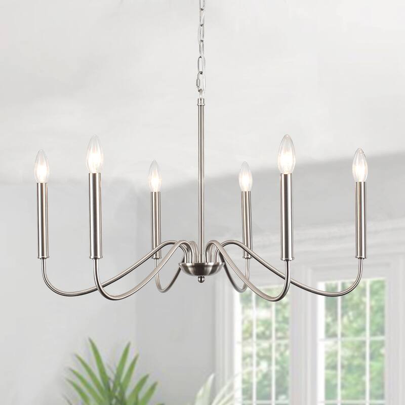 25.59'' W 6-Light Simple Candle Chandelier, Industrial Chandelier, Traditional Metal Ceiling Light for Dining Living Room - Nickel