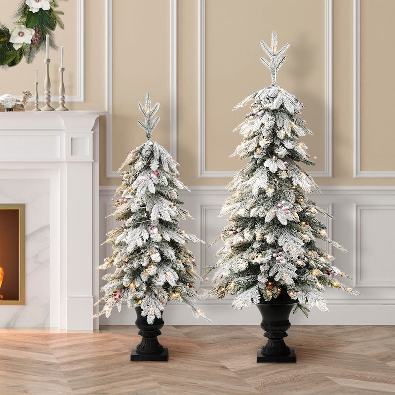 Glitzhome 4FT/5FT Pre-Lit Flocked Fir Artificial Christmas Potted Porch Trees