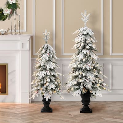 Glitzhome 4FT/5FT Pre-Lit Flocked Fir Artificial Christmas Potted Porch Trees