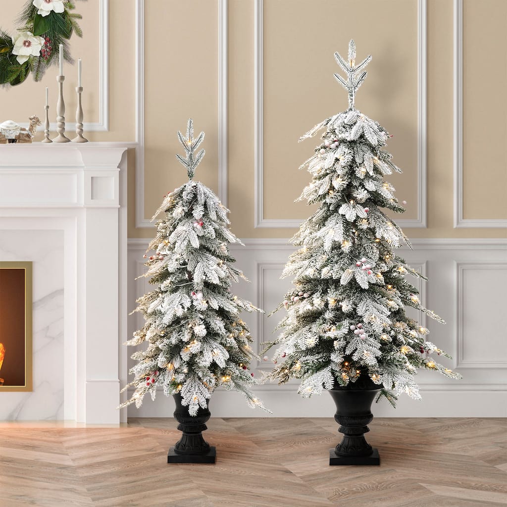 Glitzhome 4FT/5FT Pre-Lit Flocked Fir Artificial Christmas Potted Porch Trees