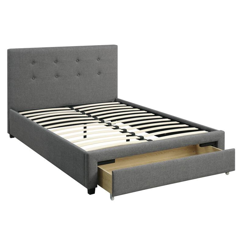 Full Size Modern Bed with Tufted Headboard and Storage Drawer, Grey Polyfiber Finish - Grey