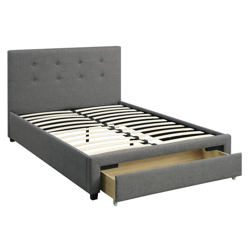 Full Size Modern Bed with Tufted Headboard and Storage Drawer, Grey Polyfiber Finish