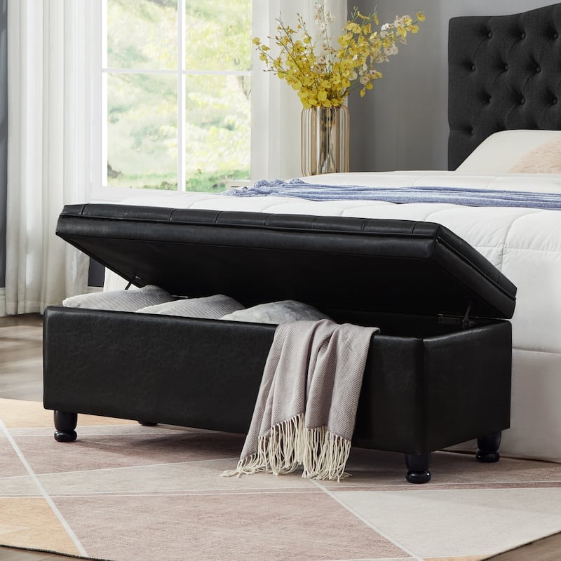 Upholstered tufted button storage bench with spindle wooden legs - Black