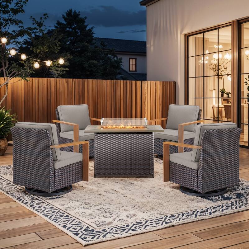 Pocassy 5 Pieces Outdoor Swivel Chair with Fire Pit Table Set - Gray cushion - Brown Wicker