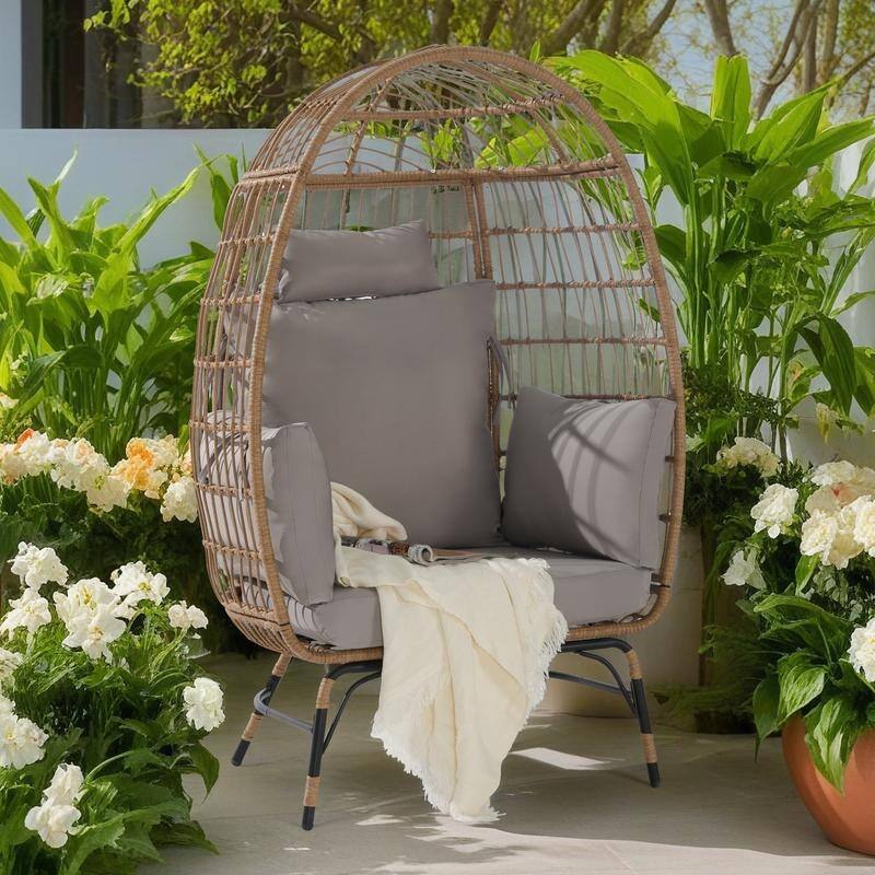 Oversized Outdoor Rattan Wicker Egg Chair with Cushions and Pillows - Light Gray