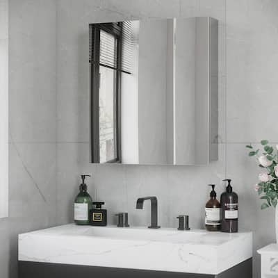 Silver Stainless Steel Bathroom Mirror Cabinet with Three Tier Shelves and Space Saving Design - 21.25" W x 5" D x 23.5" H