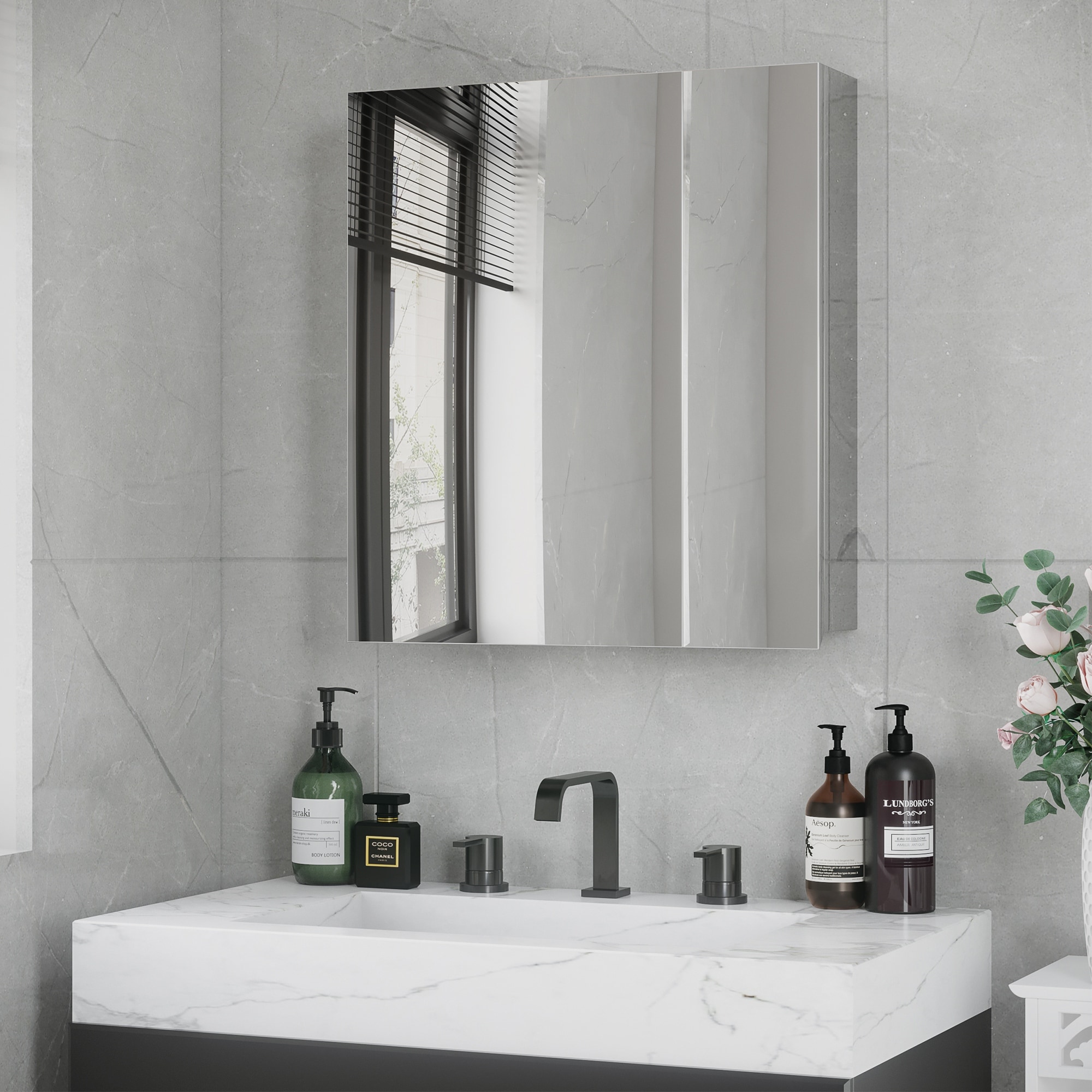 Wall-Mounted Bathroom Medicine Cabinet, Wall Mirror Cabinet with Hinged Doors, Storage Shelves, Silver
