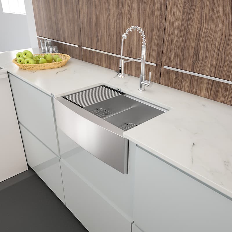 33 inch Apron Front Ledge Workstation Low Divide Double Bowl 50/50 16 Gauge Stainless Steel Farm Kitchen Sink