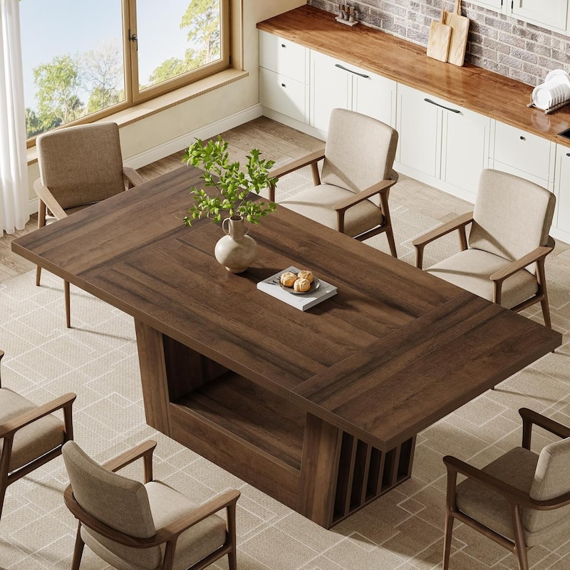 63 Inches Dining Room Table, Farmhouse Kitchen Dinner Table with Heavy-Duty Base