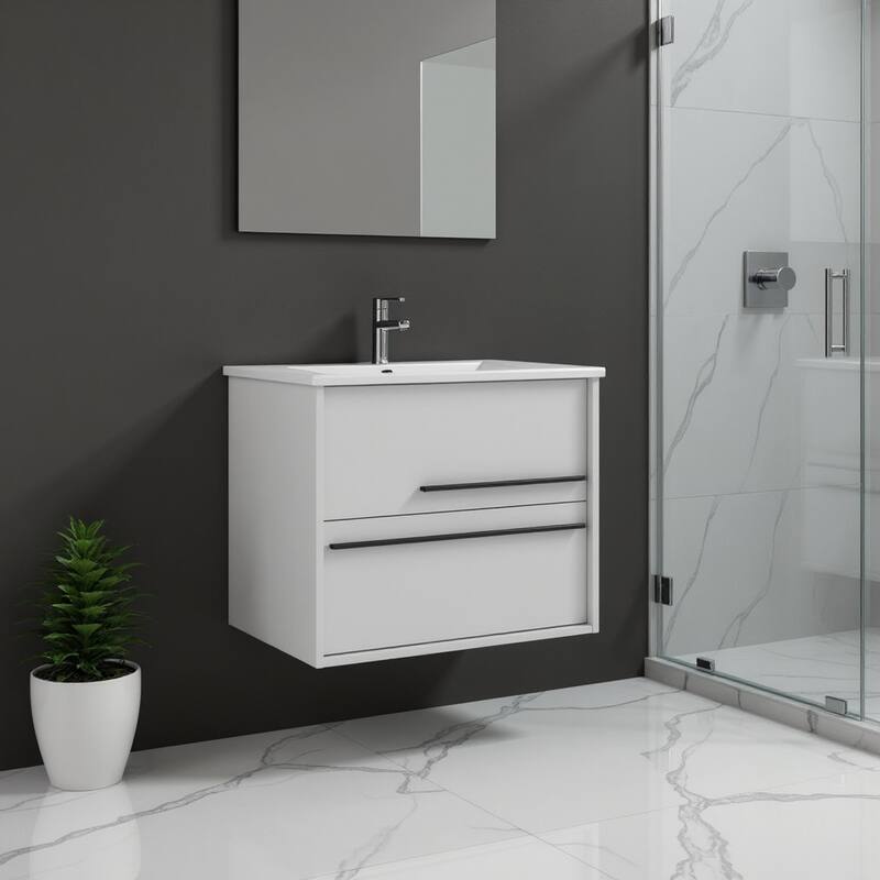 HomeRoots 24" Off White Wood Floating Bathroom Vanity With White Sink And Two Drawers - 24.00 in. x 24.60 in. x 21.60 in. - 24.00 in. x 24.60 in. x 21.60 in. - Polished - Off White