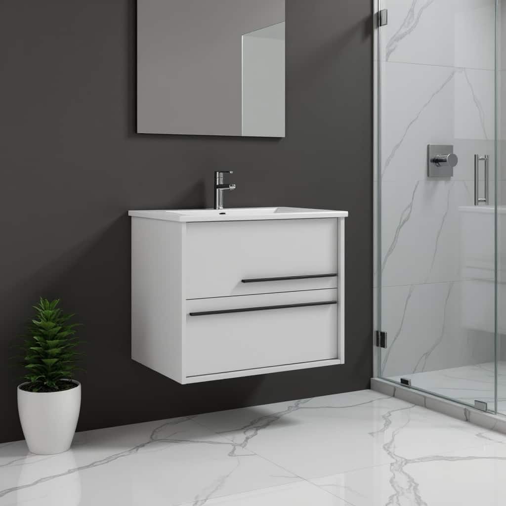 HomeRoots 24" Off White Wood Floating Bathroom Vanity With White Sink And Two Drawers - 24.00 in. x 24.60 in. x 21.60 in.