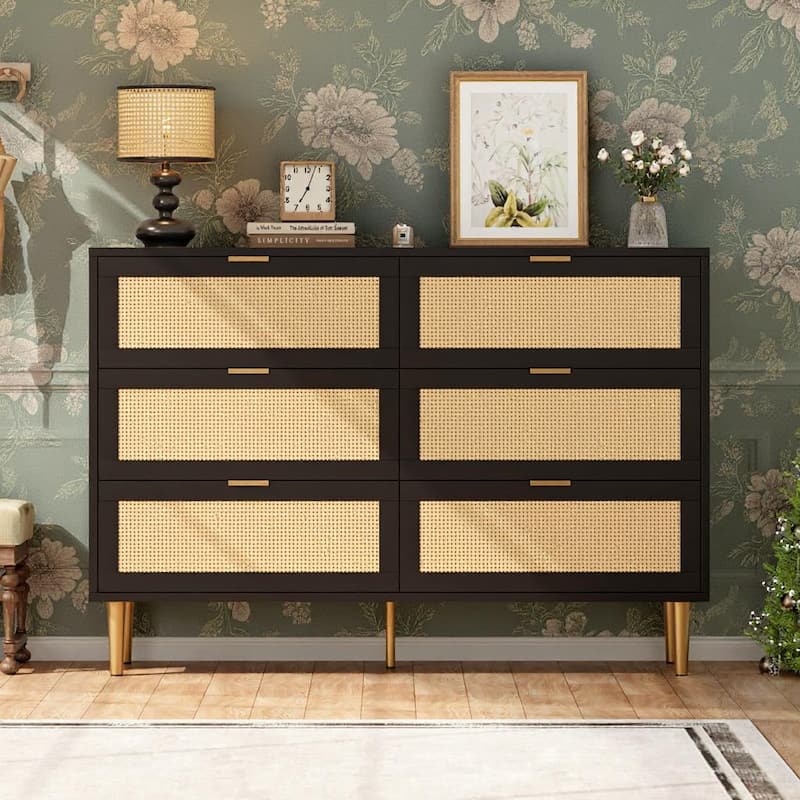 6 Drawers Tall Rattan Dresser, with Metal Legs and Handles - Black