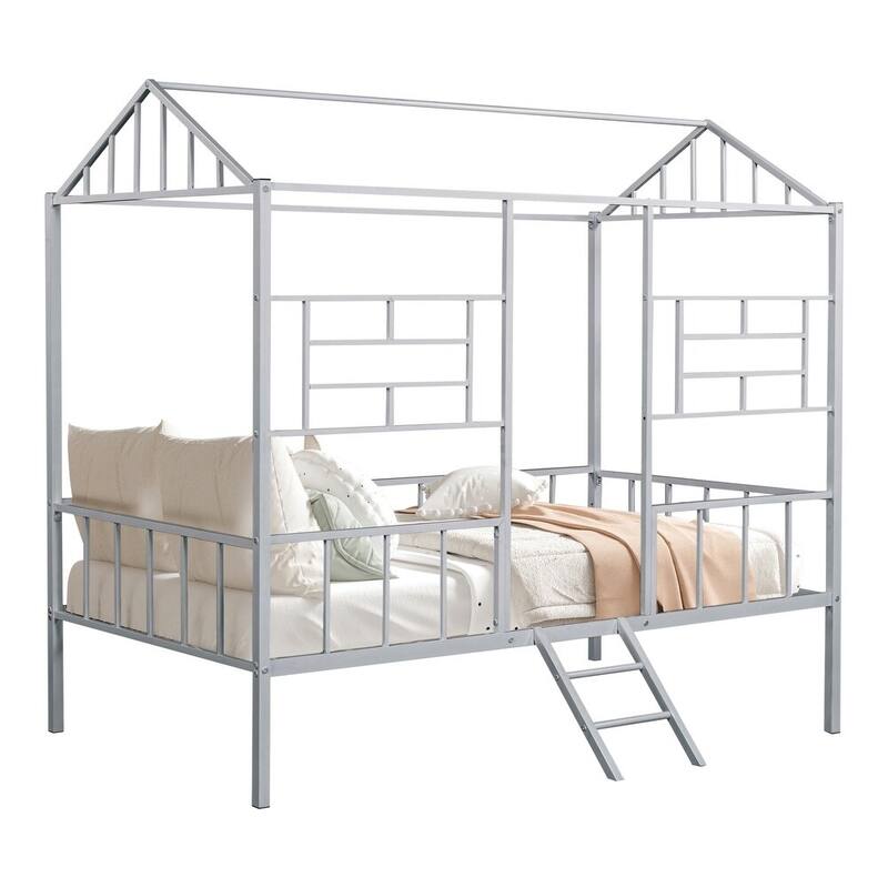 Twin Loft Bed with Angled Ladder and House Design, Silver Metal Frame, Contemporary Style