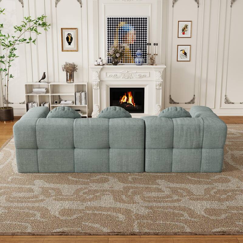 Blue Gray Foam+Spring 103" L-shaped Combination Sofa Set with 3 Pillows for Living Room and Bedroom (Left Side Recliner)