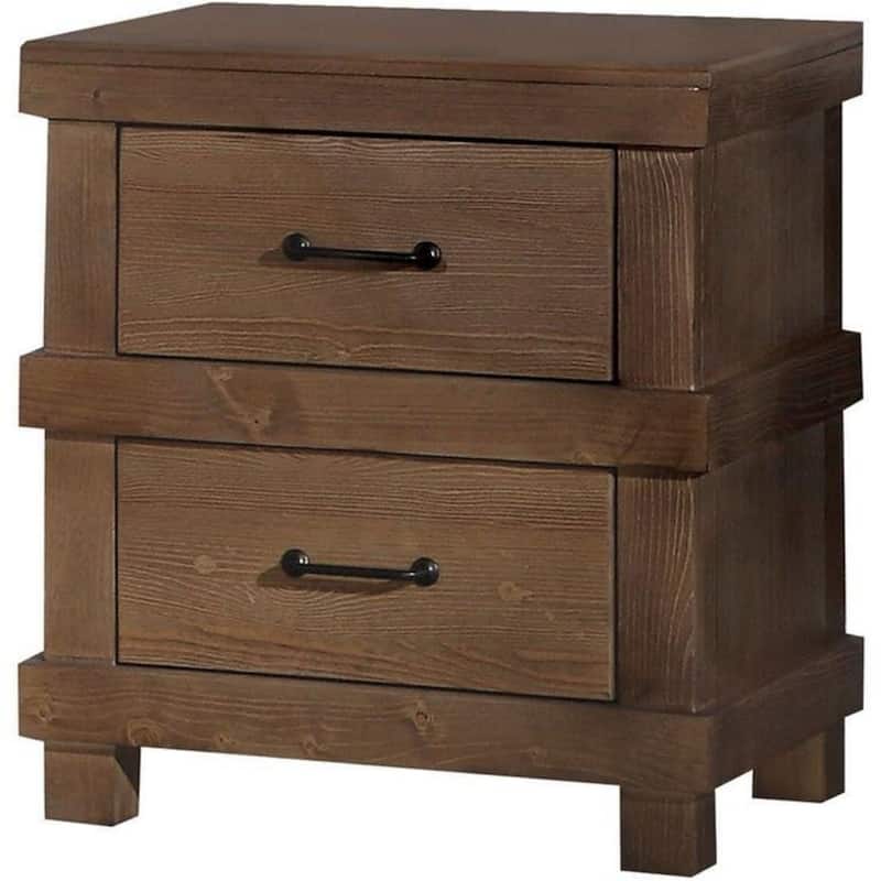 Brown Wood Metal Antique Nightstand with 2 Drawers and Rectangular Shape