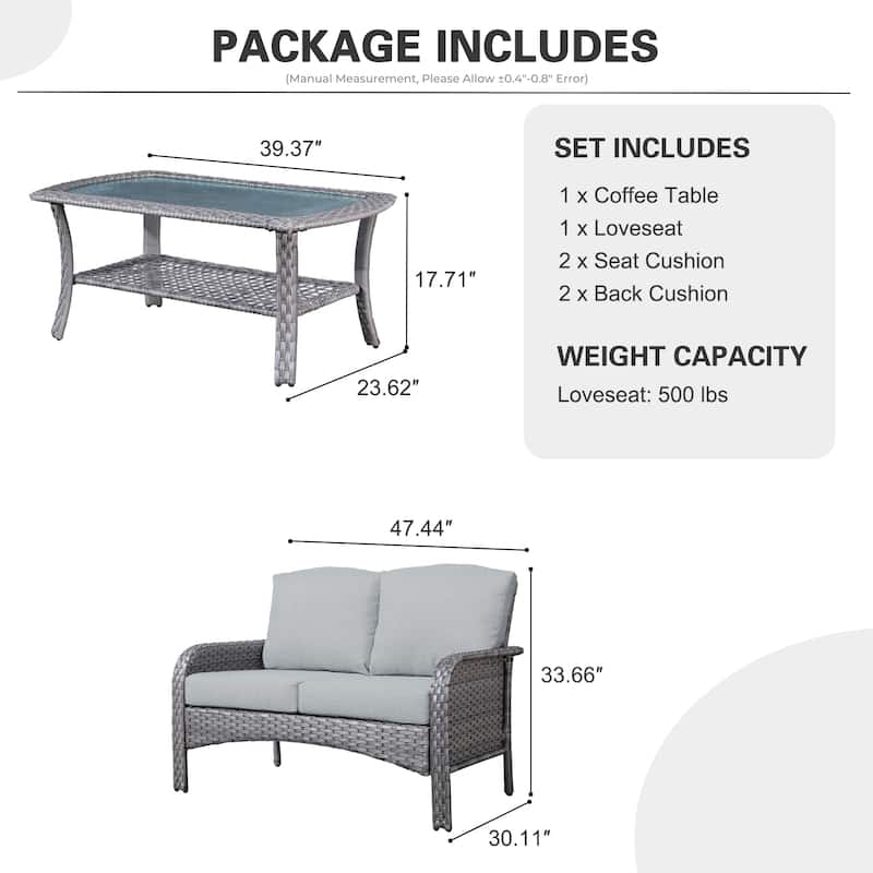 XIZZI 2-piece Outdoor Furniture Wicker Loveseat Sofa Set with Coffee Table