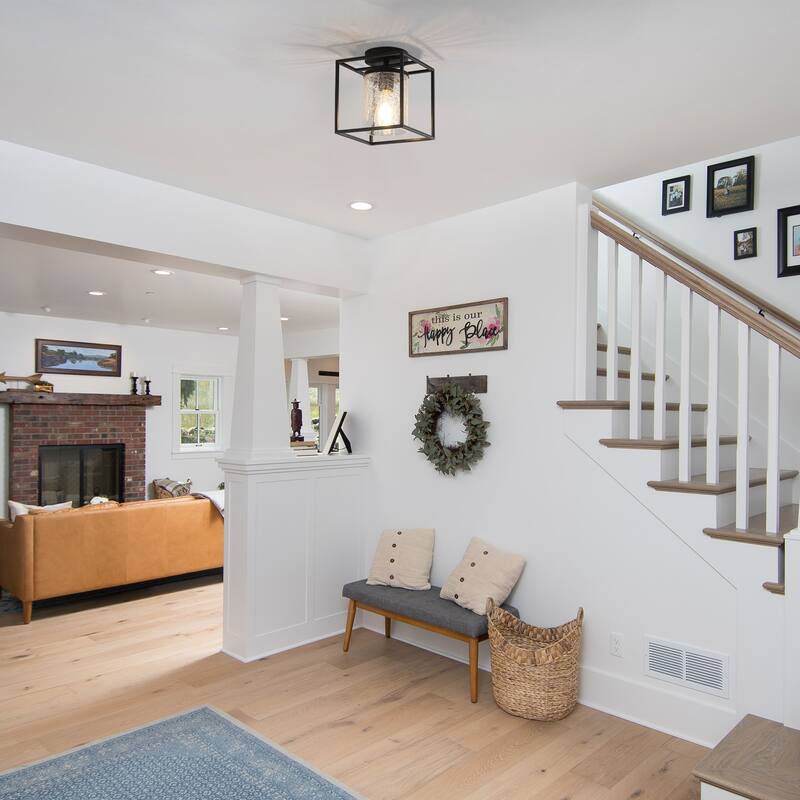 1-Light Modern Black Metal Frame Textured Glass Ceiling Light - Matte Black