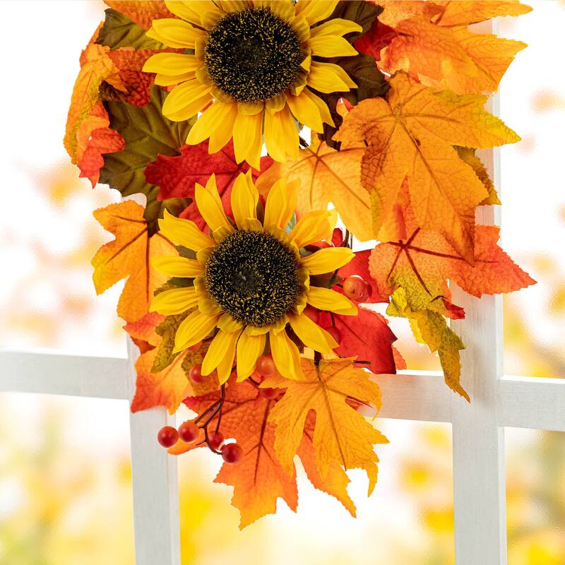 Glitzhome 22.5"H Fall Metal Welcome Pumpkin and Sunflower Swag Thanksgiving Wall Decor