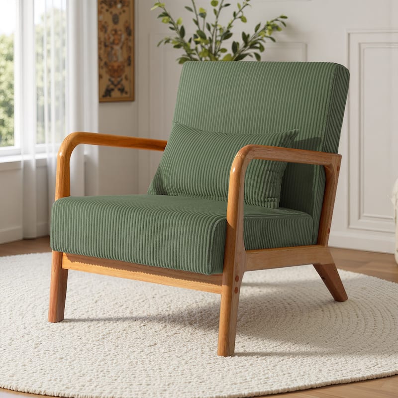 Uixe Mid Century Solid Wood Upholstered Corduroy Accent Chair - Grey Green