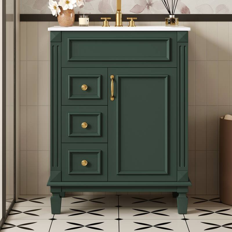 Bathroom Vanity with Ceramic Sink, Small Bathroom Storage Cabinet, Bathroom Cabinet with 2 Drawers & Adjustable Shelf