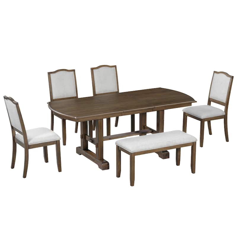 Roomfitters 6-Piece Extendable Dining Table Set, 60-78 Inch Wooden Kitchen Table with Leaf, 4 Upholstered Chairs & Bench