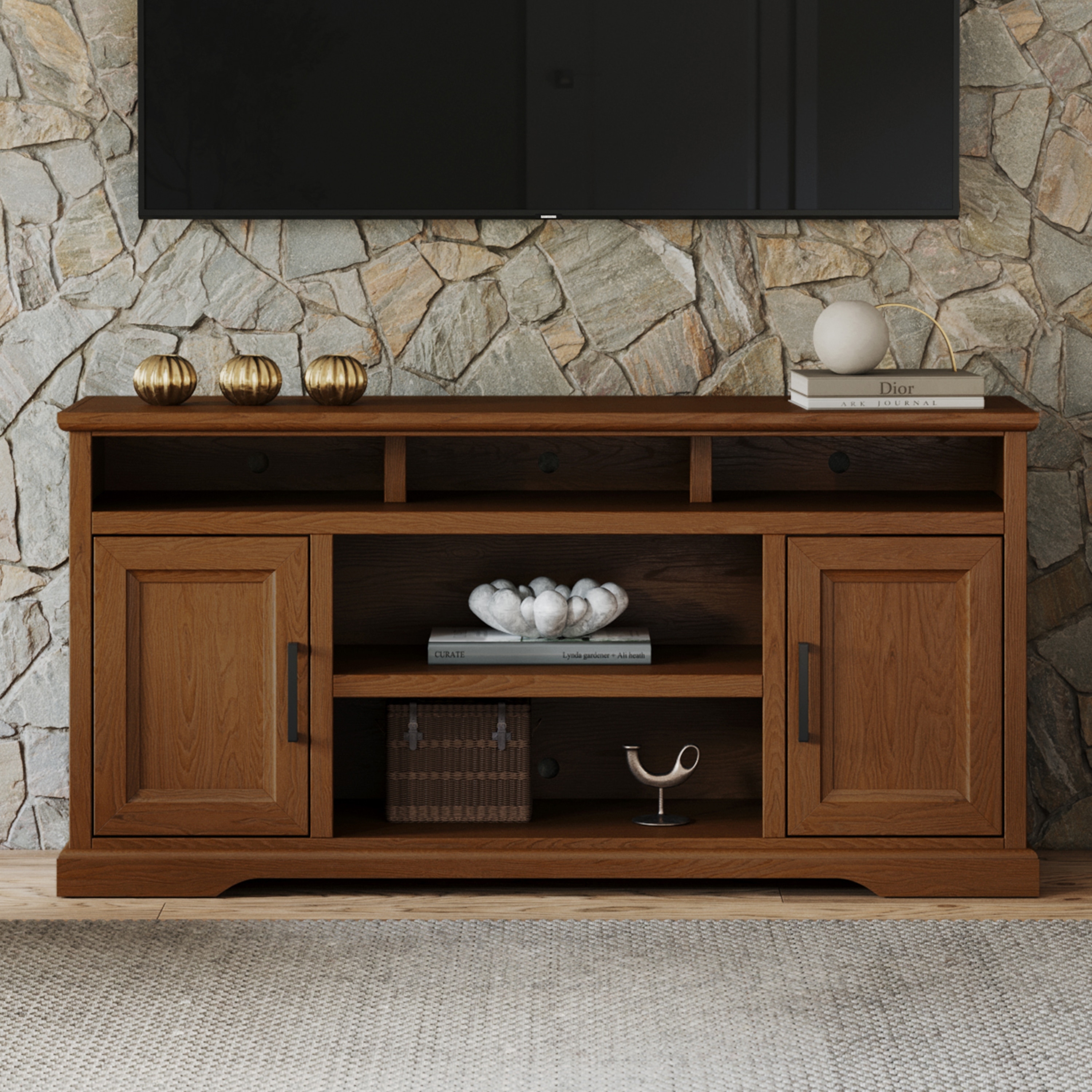 Bridgevine Home Cheyenne 65 Inch TV Stand Console for TVs up to 75 inches, No Assembly Required, Bourbon Oak Finish
