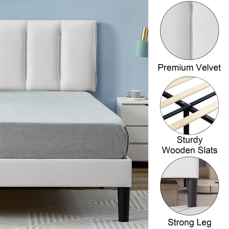 Upholstered Velvet Upholstered Bed Frame with Adjustable Height Headboard No Box Spring Needed Platform Bed Under Bed Storage