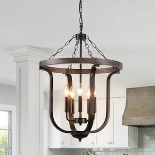5-Light Black and Wood Grain Cage Candle Chandelier for Kitchen Island, Classic Semi Flush Mount Pendant Light - N/A