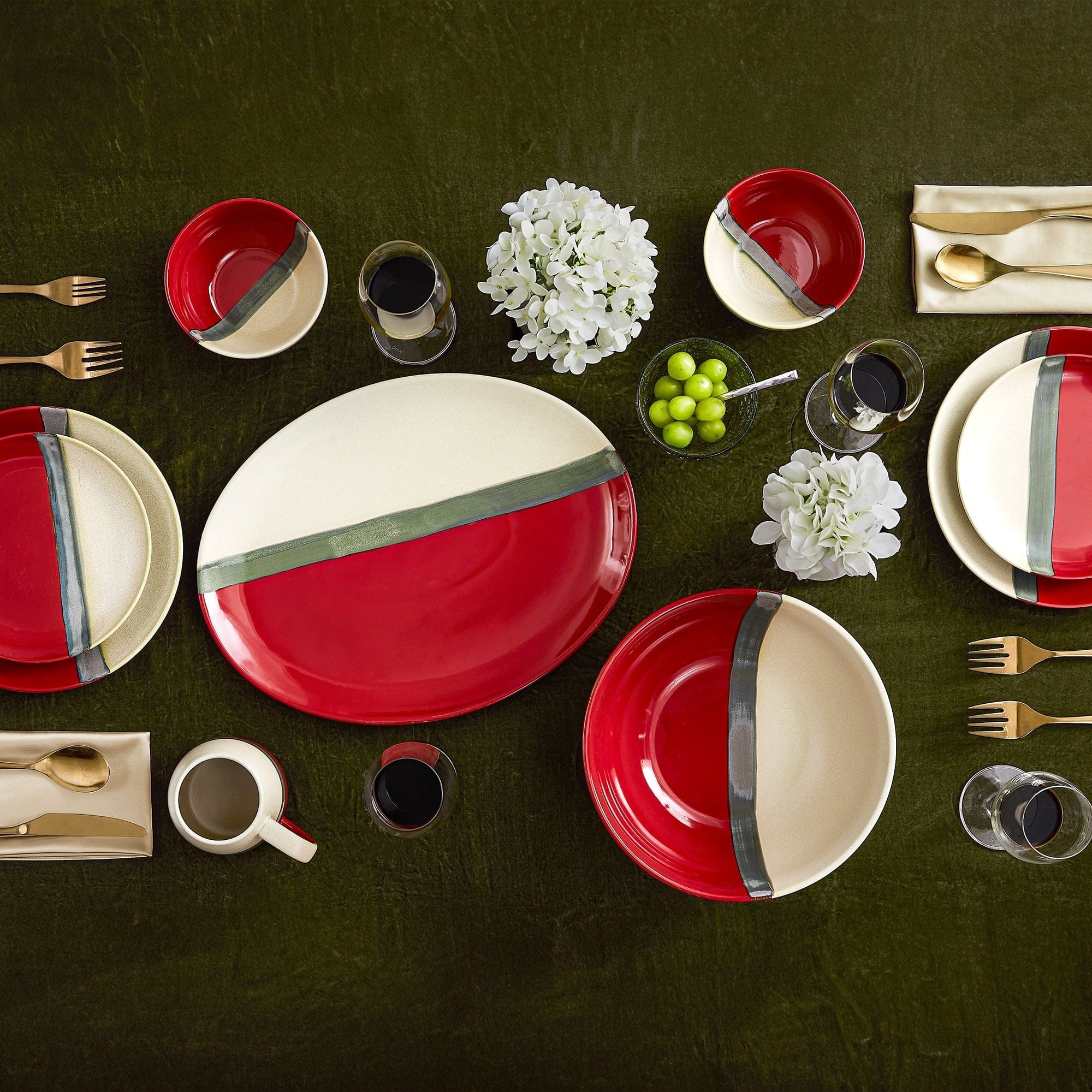 Paseo Road Pasadizo Red and Cream Brushstroke Ceramic 1 Piece Serving Bowl - 11"W x 11.1"L x 4.5"H