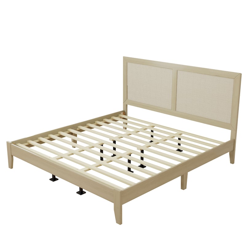 King Size Solid Wood Platform Bed with Woven Rattan Headboard