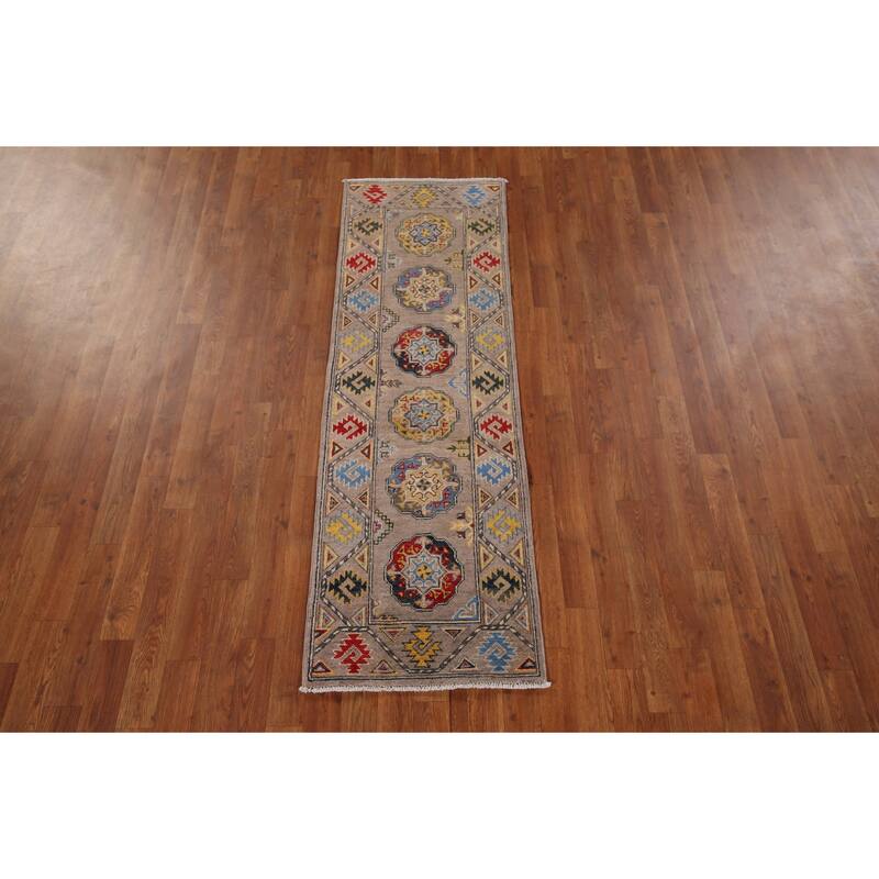 Geometric Brown Kazak Oriental Runner Rug Hand-Knotted Wool Carpet - 1'11" x 5'11"