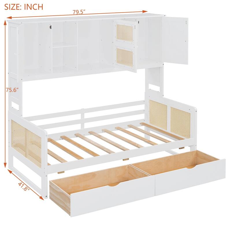 Wooden Twin/Full Daybed with Drawers, All-in-One Cabinet and Shelf Storage, No Box Spring Required