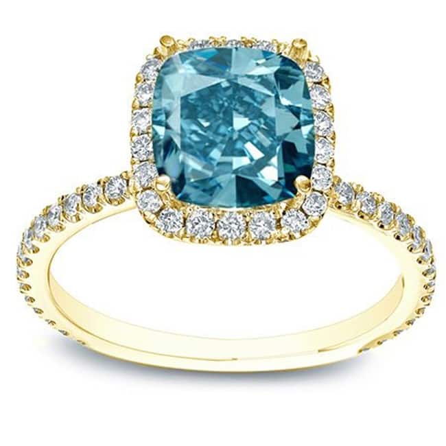 Auriya 14k Gold 1 1/2ctw Cushion-cut Halo Blue Diamond Engagement Ring - Yellow - 4