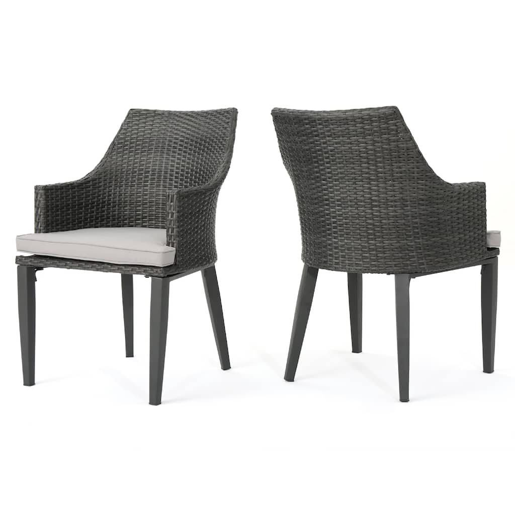 Ellish Outdoor Dining Armchair Set of 2, Gray Faux Wicker, Metal Frame