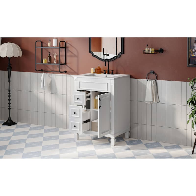 24" Bathroom Vanity With Ceramic Sink, Small Bathroom Sink Cabinet, Modern Cabinet With 2 Drawers And Adjustable Shelf