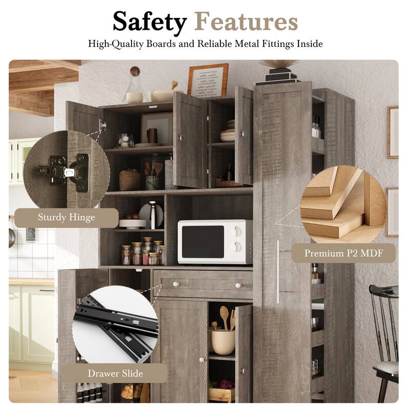 Roomfitters Large Kitchen Pantry Cabinet with Pull-Out Side Storage and Hutch, Shaker Style Buffet