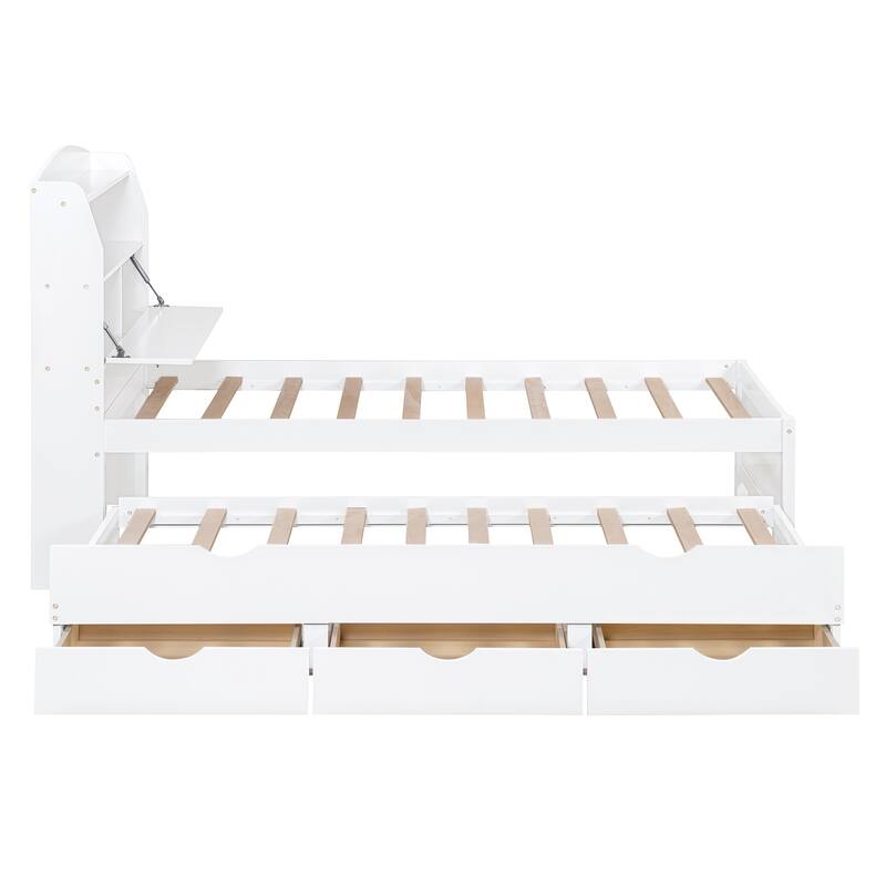 Twin XL Platform Bed with LED Headboard & USB Ports, Wooden Bed Frame with Trundle, 2 Storage Drawers, No Box Spring Needed
