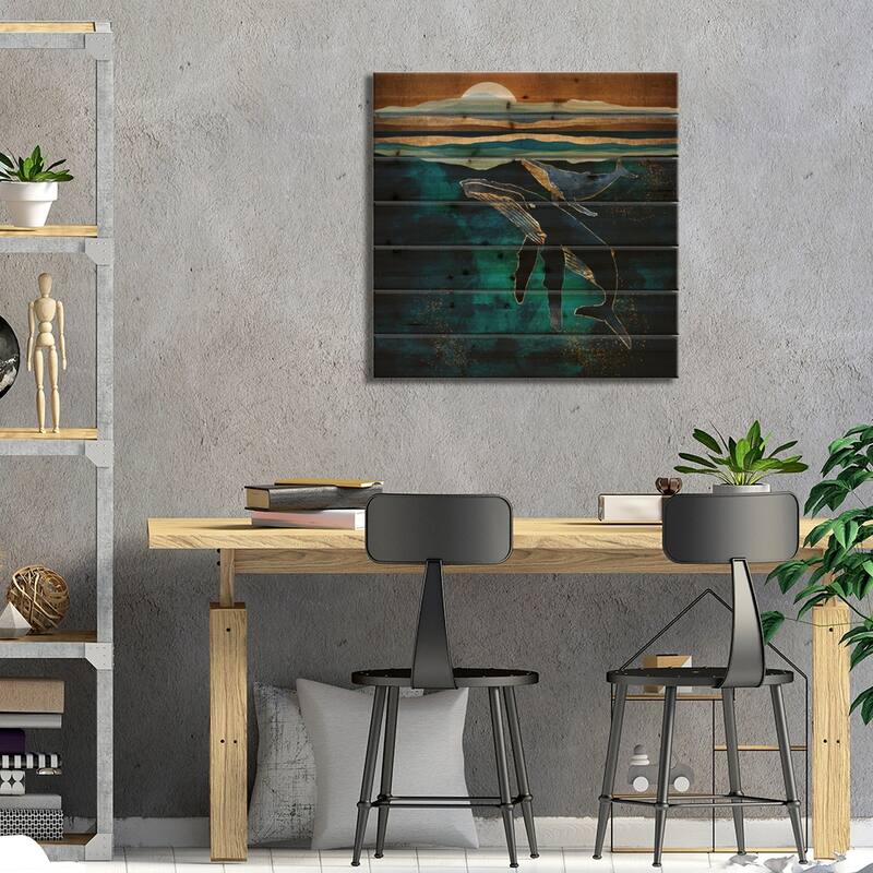 Moonlit Whales Print On Wood by SpaceFrog Designs - Multi-Color