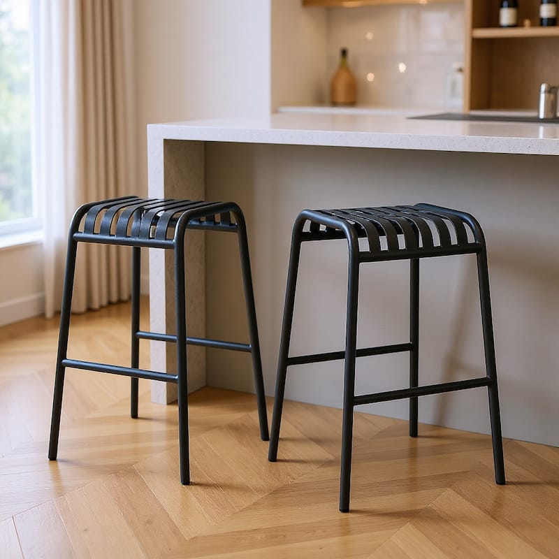 HomeRoots Set of Two 30" Dark Blue Steel Backless Bar Height Bar Chairs - Bar Height - Dark Blue - Set of 2