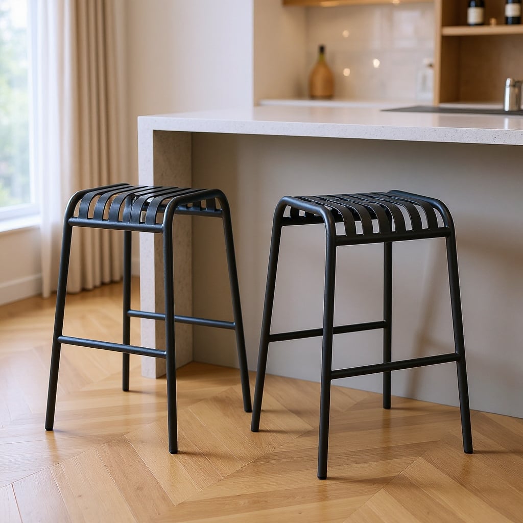 HomeRoots Set of Two 30" Dark Blue Steel Backless Bar Height Bar Chairs