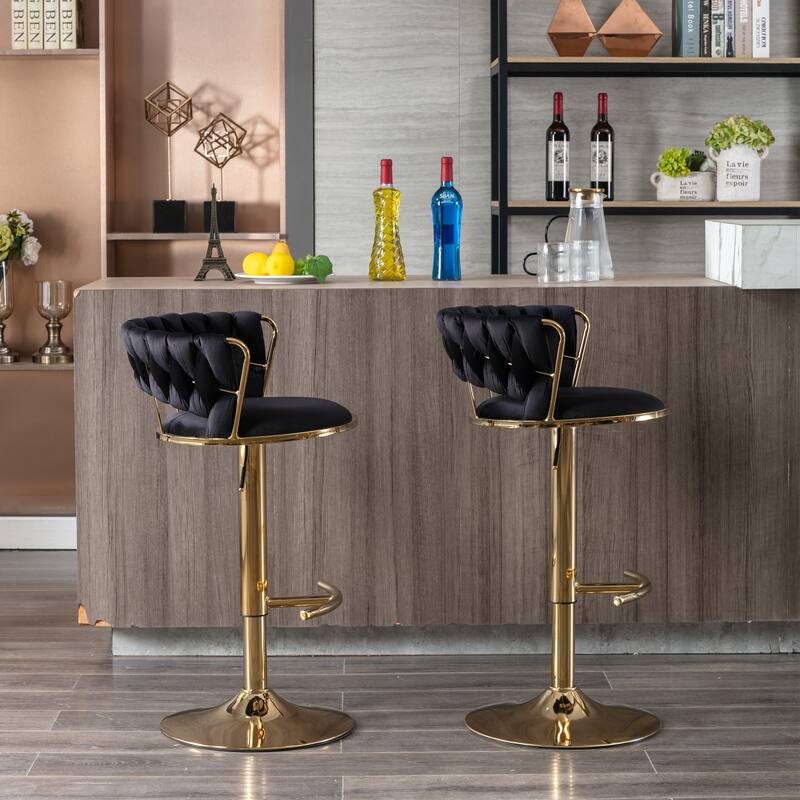 Set of 2 Adjustable Swivel Bar Stools, Black Velvet with Chrome Footrest & Gold Legs